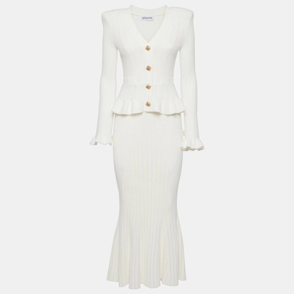 Self Portrait Pointelle Knit Peplum MIDI Dress
